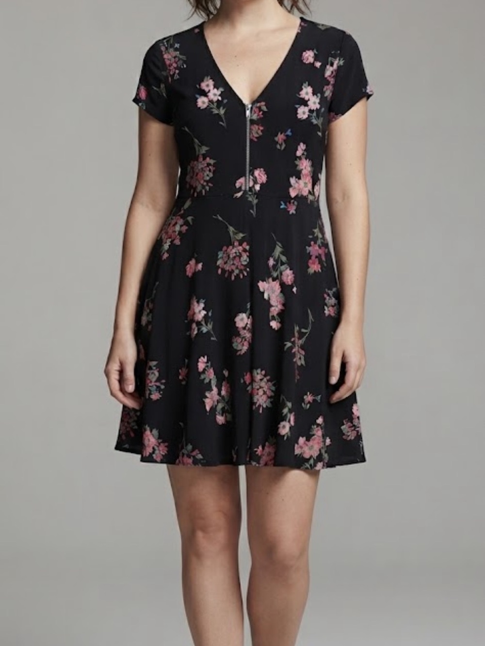 Express Black Floral V-Neck Short Sleeve Dress with Pink Blooms